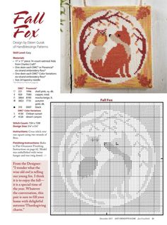 a cross stitch pattern with the words fall fox and an image of a dog on it