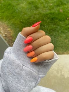 Fully Painted Nails, Different Shade Of Orange Nails, Plain Nails Aesthetic, Sunset Red Nails, Almond Shaped Summer Nail Ideas, Orange Multi Color Nails, Bright Nails Almond Shape, Beach Nails Acrylic Almond, Simple Nail Colors Summer