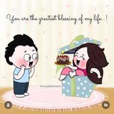 an animated image of a woman giving a gift to a man who is holding a cake