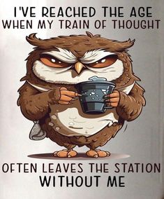 an owl is holding a cup with the words i've reached the age when my train of thought often leaves the station without me