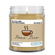 a candle that is sitting in front of a white background with the words home brew on it