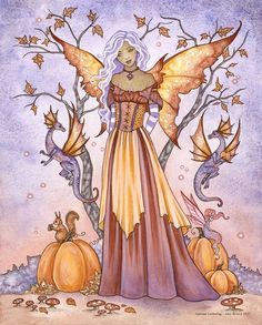 a painting of a woman with wings standing in front of pumpkins