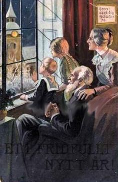 an old postcard with people looking out the window