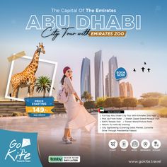 a woman in white dress standing next to a giraffe on the cover of an advertisement