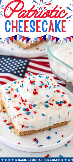 patriotic cheesecake with white frosting and sprinkles on a plate next to an american flag