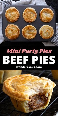 mini party pies with beef in the middle and an image of other pastries