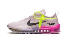 The Serena Williams x Off-White x Nike Air Max 97 was designed by Virgil Abloh to celebrate the on-court dominance and memorable style of the tennis legend.  Part of the “Queen” collection released around the 2018 US Open tennis tournament in New York City, the limited edition Air Max 97 for Williams features a light grey upper in the same construction as the original Off-White x Nike Air Max 97 from “The Ten” collection.  The midsole adds vibrant color with a pink to purple to gold gradient from the heel to toe.  The Serena Williams x Off-White x Nike Air Max 97 released in extremely limited quantities exclusively in NYC, making it one of the most sought-after sneakers of the year. Queen Shoes, White Air Max 97, Off White X Nike, Nike Off White, Tennis Legends, Rare Sneakers, Queens Ny, Air Max Shoes, Nike Shoes Air Max