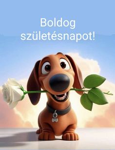 a cartoon dog holding a white rose in its mouth with the caption, boldog sizzletsnapot