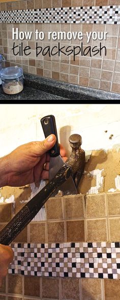 a person holding a cell phone in front of a tile backsplash with the words how to remove your tile backsplash