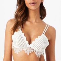 New! Free People Made In Italy Cora Crochet Bralette. So Stunning And Made To Be Seen, This Crochet Bralette Is Featured In A Soft Knit Design With Floral Crochet Lace Trim Draped Under The Bust. Delicate Looking Strappy Spaghetti Straps Tie-Back Closure Double Straps Soft, Unlined Cups Summer Beach Sexy Festival Lounge Hippy Boho Boho-Chic Strappy Lacy Beach Bra With Lace Trim, White Lace Beach Bra, Crochet Bralette Top, Crochet Bralette, Bralette Top, Crochet Lace Trim, Floral Crochet, Bralette Tops, Knitting Designs