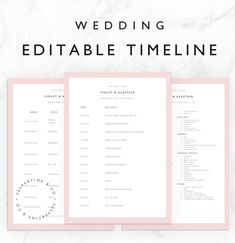 the wedding editable time line is shown on top of a marble background with pink accents