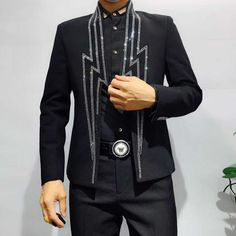 With high-quality material and fine styling, this jacket is an affordable luxury. The enticing design adds a special touch to the casual style of the suit. Comes with a double-breasted closure and sparkly rhinestones, this clothing is ideal for men. This jacket with regular clothing length makes for a smart four seasons wardrobe investment. Buy now! Rhinestone Jacket, Black Blazer Men, Blazer Pattern, Straight Clothes, Stylish Blazer, Mens Blazer Jacket, Heavy Industry, Chongqing, Stage Costume