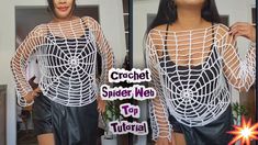 a woman wearing a spider web top and leather skirt with the words crochet on it