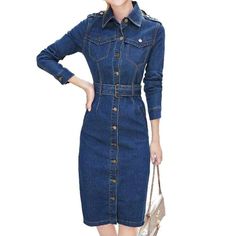 Step back in time and embrace the '90s trend with our Spring-Summer 2023 Collection of Knee-Length Jeans Dress! This medium wash denim dress. with its edgy distressed pattern. buttoned closure and sleek slim fit. is the perfect combination of contemporary fashion and nostalgic grunge.Why You'll Love It: Iconic '90s Look: Our Knee-Length Jeans Dress embodies the spirit of rebellion intertwined with refined sophistication. Distinctive Distressed Pattern: Expertly crafted wear and tear. capturing a Fitted Knee-length Denim Jeans, Non-stretch Denim Dress With Pockets, Chic Slim Denim Dress, Fitted Denim Blue Dress, Fitted Denim Blue Denim Dress, Slim Fit Denim Dresses, Trendy Knee-length Denim Jeans, Fitted Knee-length Jeans For Summer, Knee-length Washed Blue Denim Dress For Fall