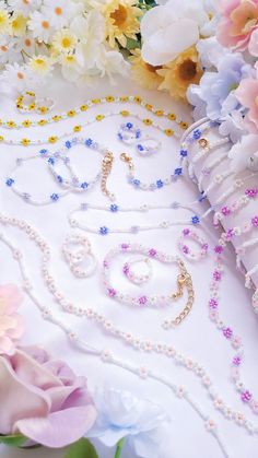 Bead Suga Jewelry, Cute Flower-shaped Colorful Beaded Necklaces, Cute Flower Beaded Necklaces With Colorful Beads, Delicate Beaded Flower Necklace, Dainty Flower Shaped Jewelry With Spacer Beads, Cute Flower-shaped Jewelry With Tiny Beads, Dainty Flower-shaped Beaded Jewelry, Dainty Beaded Flower Jewelry, Cute Spring Jewelry With Round Beads