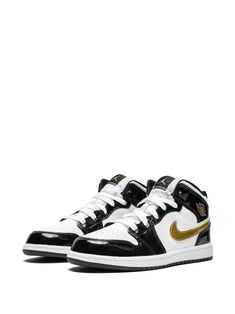 Jordan 1 Mid Se Sneakers | Farfetch.com Black And Gold Jordans, Nike Shoes Boys, Jordan Gold, Black And Blue Wallpaper, Kids Jordan, Jordan Boys, Nike Gold, Cute Nike Shoes, Cute Nikes