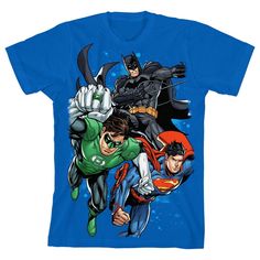 Join the legendary team of heroes with this Justice League tee. The shirt features Green Lantern and Superman flying into battle while Batman releases a kick. The tee comes in a royal blue short sleeve crew neck. Fans of the superheroes will love this graphic t-shirt. Size: small. Gender: male. Age Group: kids. Pattern: Fictitious Character. Material: Cotton. Superman Flying, Justice League Comics, Royal Blue Background, Royal Blue T Shirt, Royal Blue Shorts, Shop Justice, Kids Pattern, Green Lantern, Justice League