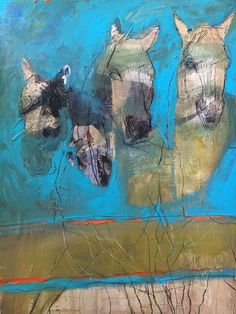 an abstract painting of three horses on a blue background