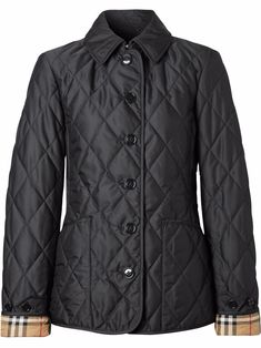 Black cotton-blend Diamond Quilted Thermoregulated jacket from BURBERRY featuring diamond quilting, classic collar, front button fastening, two front patch pockets, tonal stitching, long sleeves, turn-up cuffs, checked lining and slim cut. | Burberry Diamond Quilted Thermoregulated jacket تلوث المياه, Burberry Quilted Jacket, Burberry Touch, Hooded Wool Coat, Leather Tote Bag Women, Womens Quilted Jacket, Insulated Boots, Checked Jacket, Burberry Jacket