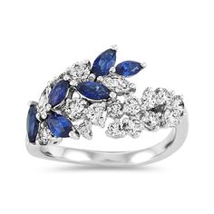 Cascading marquise natural sapphires give this stunning ring a floral look while sparkling natural diamonds make the perfect accent. This dazzling ring is crafted with care in bright 14-karat white gold. Bold Rings, Platinum Jewelry, Sapphire Diamond Ring, Diamond Cluster Ring, Natural Sapphire, Sapphire Jewelry, Blue Gemstones, Sapphire Diamond, Cluster Ring