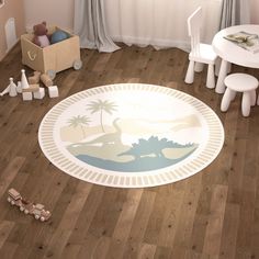 a child's room with wooden floors and toys on the floor in front of a window