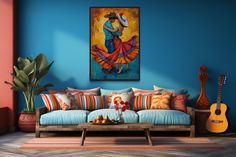 a living room with blue walls and colorful artwork on the wall, including a couch