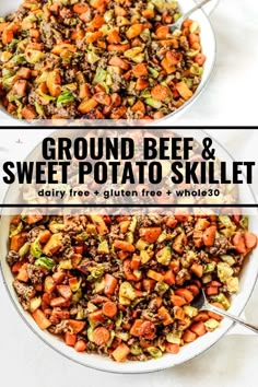 two bowls filled with ground beef and sweet potato skillet on top of a white table