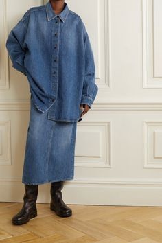 Mid denim Frannie oversized denim shirt | THE ROW | NET-A-PORTER Oversized Denim Top For Fall, Oversized Denim Top For Workwear, Oversized Denim Blue Top For Streetwear, Oversized Denim Top For Streetwear, Oversized Long Sleeve Denim Top For Work, Oversized Cotton Denim Top For Workwear, Denim Shirt Outfit, Oversized Denim Shirt, Look Jean