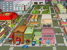 an animated city scene with cars and buildings