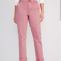 Nwt Old Navy High-Waisted Ogc Chino Pant Color: Rose Cloud Size Medium Product Details A Crisp Chino, With Sneaky Elastic Waist In The Back. Zip Fly. Diagonal Front Pockets; Buttoned Welt Pockets At Back. Soft-Washed Twill With Stretch. Materials & Care Cotton 98%, Spandex 2% Machine Wash Cold, Tumble Dry Low. Imported. Fit & Sizing Adjustable Waist Can Be Worn At Or Below Belly Button. Easy, Relaxed Hip And Thigh. Relaxed Leg Hits At Ankle. Regular: 26" Inseam. Petite: 24" Inseam. Tall: 30" Ins Pink High Rise Bottoms For Work, Casual Mid-rise Pink Pants, Casual Fitted High Waist Chinos, Fitted High Waist Casual Chinos, Casual High Rise Pink Pants, Pink High Rise Jeans For Workwear, Casual High-rise Pink Pants, Chic High Rise Pink Bottoms, Spring Mid-rise Chinos