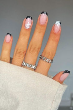 french tips on short square nails Short Halloween French Tip Nails, Black French Tip Nails Square Halloween, Square Round Halloween Nails, Halloween Nail Ideas French Tip, Biab Nails Halloween, Halloween Biab Nails Short, Halloween French Tip Nails Short, Halloween French Tip Nails Square, Halloween Nails Black Tips