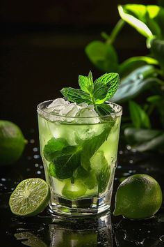 a glass filled with limeade and mint on top of a table next to two limes