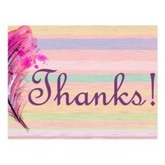 a thank card with pink feathers and the words thanks