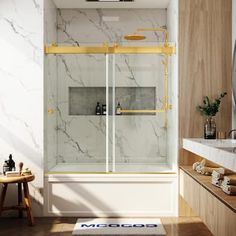 a bathroom with marble walls and flooring is shown in this image, it has a large walk - in shower next to the bathtub