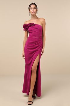 Beyond Elegant Magenta 3D Floral One-Shoulder Maxi Dress Magenta Wedding Guest Dress, Dark Magenta Dress Formal, Bridesmaid Magenta Dresses, Magenta Dress Formal Maxi, Magenta Halter Dress, Magenta Wedding Colors, Magenta Bridesmaid Dresses, Magenta Couture Gown, Opera Dress