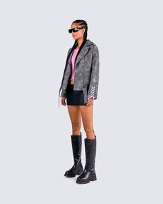 The perfect fit for all our baddies who want to give an edgy model-off-duty type of vibe 😌 Featuring a black vegan leather jacket with pink lace-up details, a pink sweater knit top, and a black mini skirt 💕 Y2k Pink Outerwear For Fall, Y2k Black Outerwear For Fall, Black Y2k Outerwear For Fall, Pink Punk Outerwear For Spring, Edgy Pink Outerwear For Fall, Black Y2k Outerwear For Spring, Chic Black Mini Length Outerwear, Edgy Fitted Outerwear For Spring, Edgy Spring Workwear Outerwear