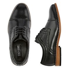 Start him out right with this updated classic. The Stacy Adams Dickinson Cap Toe Oxford features intricate perfing details on the toe and collar, a dress style sole, and a stacked style heel. This is one cap toe that will have any young man looking like he was born with a natural sense of style.Features: ComfortClosure Type: Lace-UpShoe Heel Height: FlatUpper/Outer Base Material: 100% PolyuretheneShoe Lining Material: UnlinedSole Material Content: 100% RubberToe Type: Cap ToeCare: Spot Clean, Wi Fitted Wingtip Lace-up Shoes For Spring, Fitted Lace-up Dress Shoes With Rubber Sole, Spring Fitted Oxfords With Brogue Detailing, Classic Closed Toe Dress Shoes With Cushioned Footbed, Spring Fitted Dress Shoes With Round Toe, Spring Cap Toe Oxfords With Branded Insole, Fitted Oxford Lace-up Shoes For Spring, Spring Dress Shoes With Brogue Detailing And Cap Toe, Cushioned Dress Shoes For Business In Spring