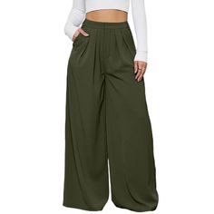 Army Wide Leg Pants with Packet High Waist Khaki Dress Pants With Pockets, Khaki High Waist Dress Pants With Pockets, Green Wide Leg Work Pants, Chic Green Baggy Pants, Chic Baggy Green Pants, Baggy Wide Leg Dress Pants With Pockets, Green High-waisted Dress Pants With Pockets, Green High Waist Dress Pants With Pockets, High Waist Green Dress Pants With Pockets