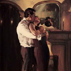 a painting of two people standing in front of a mirror hugging and kissing each other