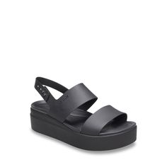 Give your ensemble effortless style with the Brooklyn wedge sandal from Crocs. This silhouette is fashioned with a cushioned LiteRide™ footbed and a molded heel for all the comfort! | Crocs Women's Brooklyn Wedge Sandal in Black Size 5 Medium Crocs Store, Croc Sandals, Comfortable Wedges Sandals, Comfortable Wedges, Low Wedges, Black Wedge, Black Wedge Sandals, Platform Wedge Sandals, Platform Wedge