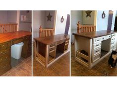 three different views of a desk with drawers and a dog sitting on the floor next to it