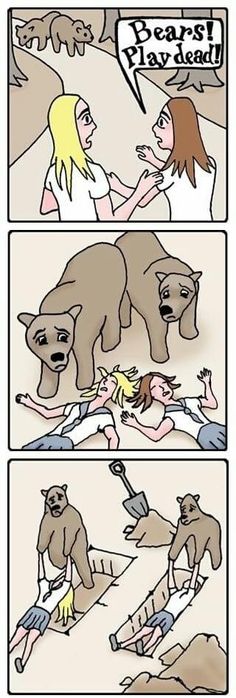 two comics with bears and people in the middle one is being bitten by another bear