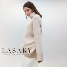 Lasaky - Ribbed Turtleneck Oversized Pullover Sweater Oversized Beige Casual Turtleneck, Casual Oversized Beige Turtleneck, Oversized Beige Turtleneck Top, Oversized Pullover Sweaters, Turtleneck Long Sleeve, Ribbed Turtleneck, Oversized Pullover, Pullover Sweater, Fashion Boutique