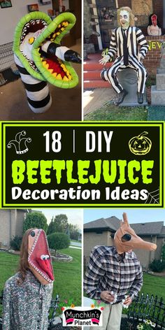 DIY Beetlejuice Decoration Ideas Beetlejuice Couch Lady, Halloween Outside Theme Ideas, Beetlejuice House Decor Outside, Beetlejuice Haunted House Ideas, Storefront Halloween Decor, Beetlejuice Halloween Trunk Or Treat, Beetlejuice Outside Decorations, Diy Halloween Decorations Outdoor Beetlejuice, Trunk Or Treat Beetlejuice Ideas