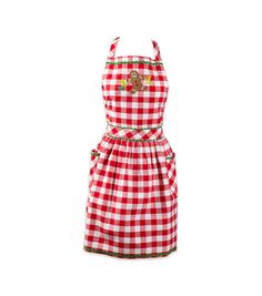 a red and white checkered apron with gingerbreads on the front, green trim