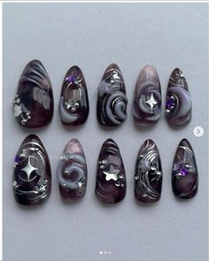 Space Themed Nails Aesthetic, Nails Acrylic Witchy, Spooky Goth Nails, Greyish Purple Nails, Space Inspired Nails, Goth Nails Purple, Luna Moth Nails, Soft Goth Nails, Mazzy Star Nails