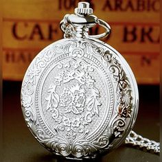 Gorgeous!!! Silver Tone Floral Embossed Pocket Watch, New In Box! Stop Watch, Retro Necklace, Steampunk Clock, Boys Watches, Chain Dress, Fob Watch, Watch For Men, Watch Gifts, Watch Necklace