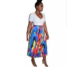 Beautiful Colorful Skirt Bold Blue Bottoms For Summer, Bold Blue Summer Bottoms, Casual Multicolor Lined Skirt, Trendy Multicolor Pleated Skirt, Vibrant Blue Bottoms For Spring, Vibrant Blue Spring Bottoms, Casual Blue Full Pleated Skirt, Casual Multicolor Midi Length Bottoms, Casual Pleated Multicolor Skirt