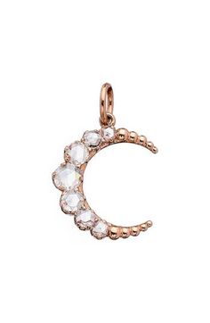 Faceted round diamonds and sculpted beads shape a crescent-moon pendant set in 18-karat gold. Enhancer only; chain sold separately 5/8"W x 1"L Total diamond weight: 0.65ct. Color: G–H Clarity: SI1-VS2 18k gold/diamond Imported >Diamond Guide Asian Owned and Founded Crescent Moon Pendant, Diamond Guide, Moon Pendant, G H, Pendant Set, Charm Jewelry, Rose Gold Ring, Crescent, Round Diamonds