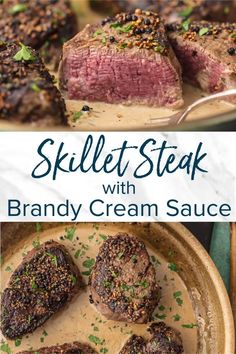 the cover of skillet steak with creamy cream sauce is shown in this collage